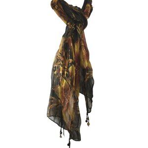 Jeffrey for Lawrence Bentley Black Brown Floral Lurex Scarf Beaded Corners 26144